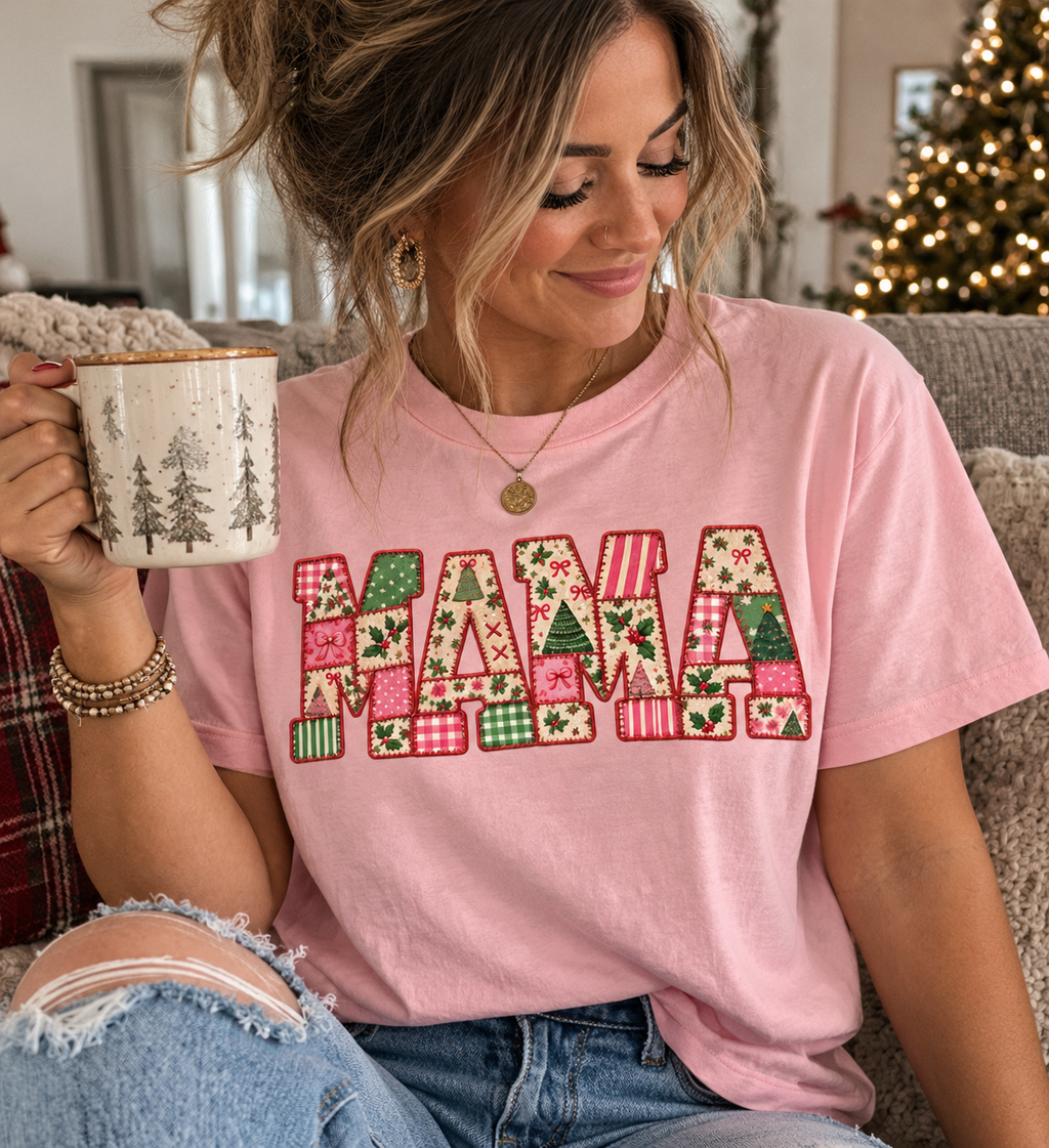 Pink Christmas Patchwork MAMA Tee