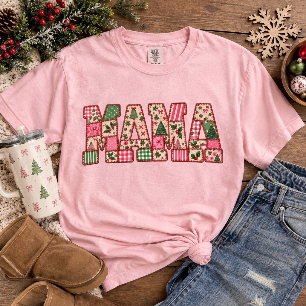 Pink Christmas Patchwork MAMA Tee