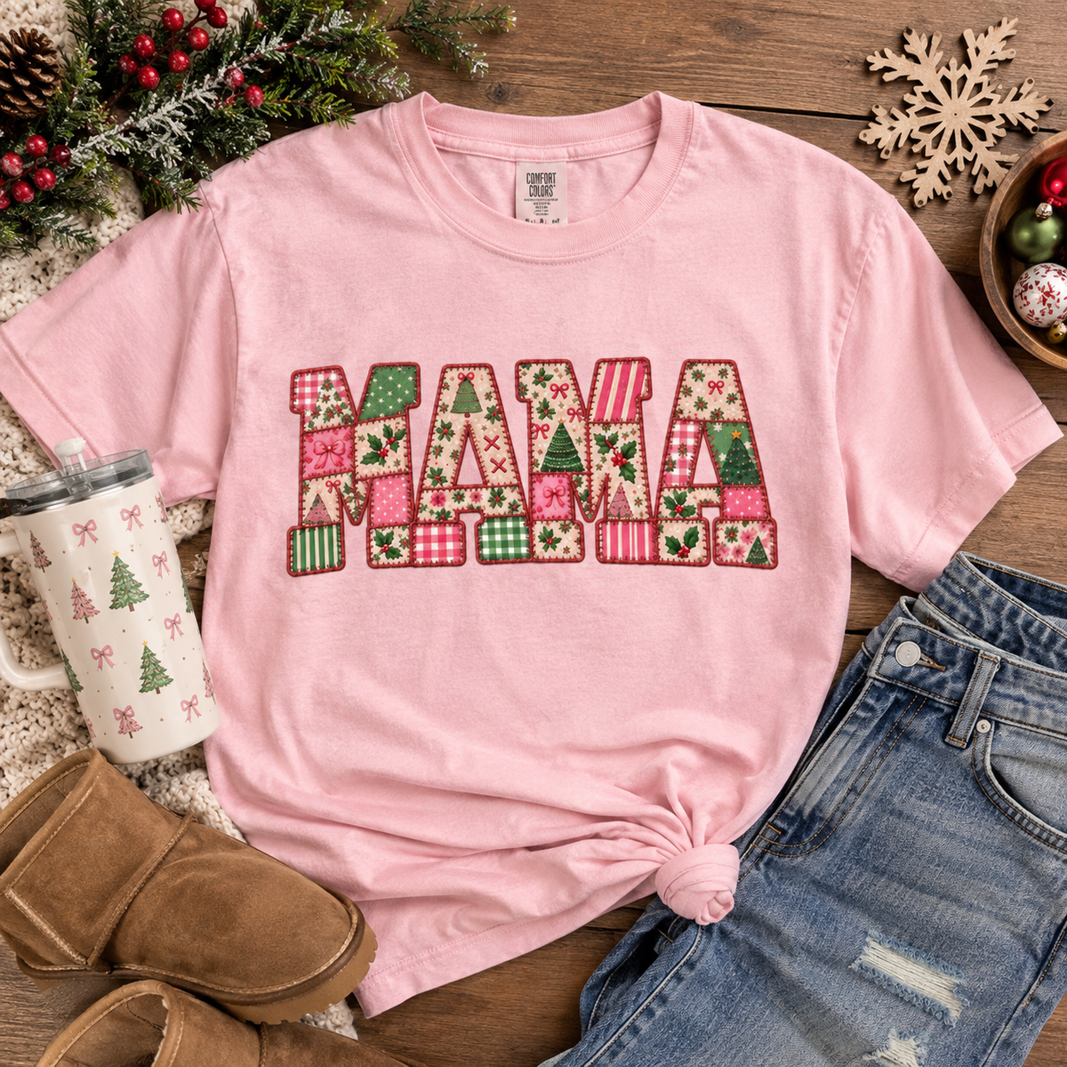 Pink Christmas Patchwork MAMA Tee
