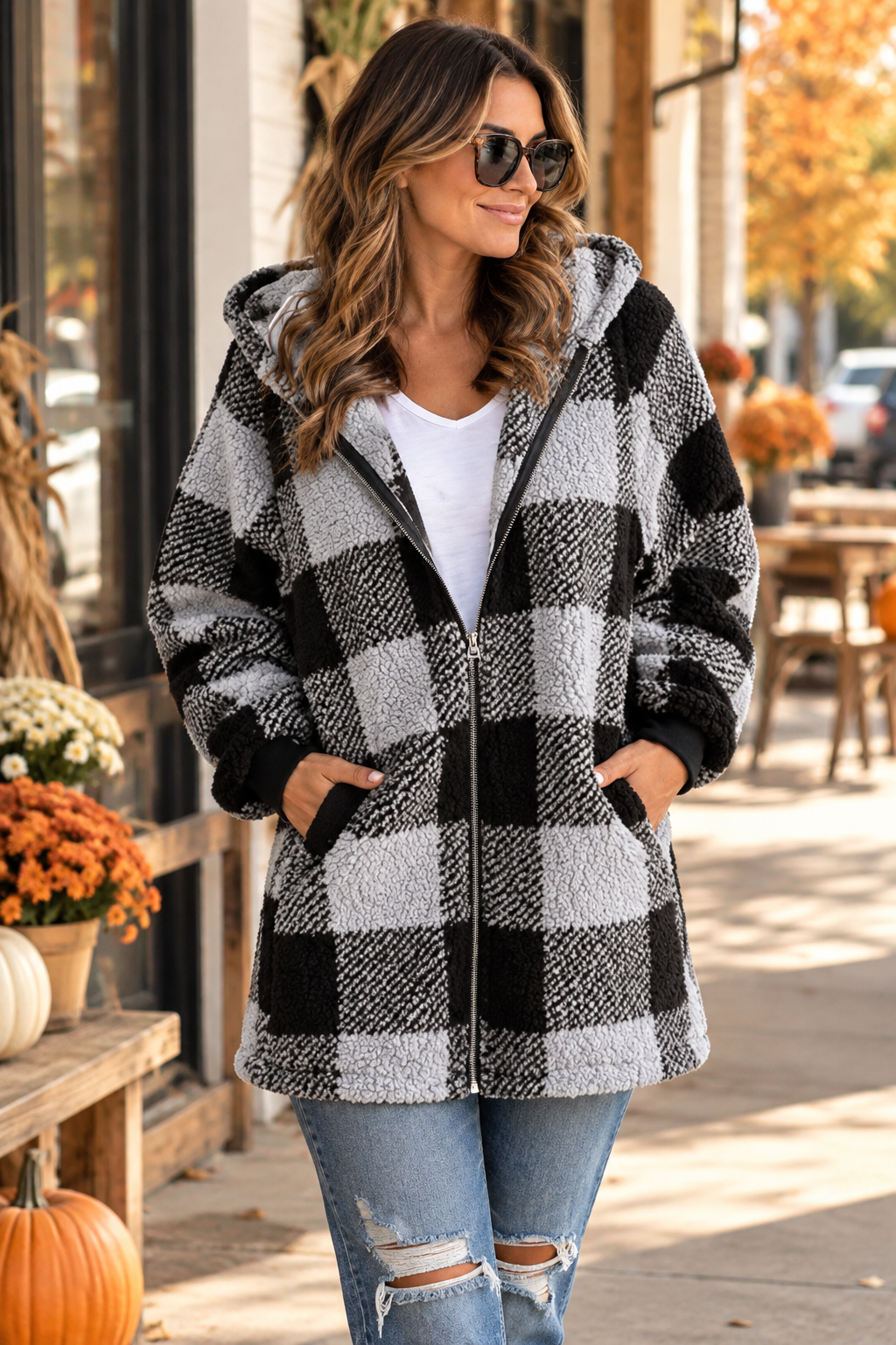 ChalkboardxChaos woman wearing a black and gray buffalo plaid sherpa hooded zip-up jacket with pockets.