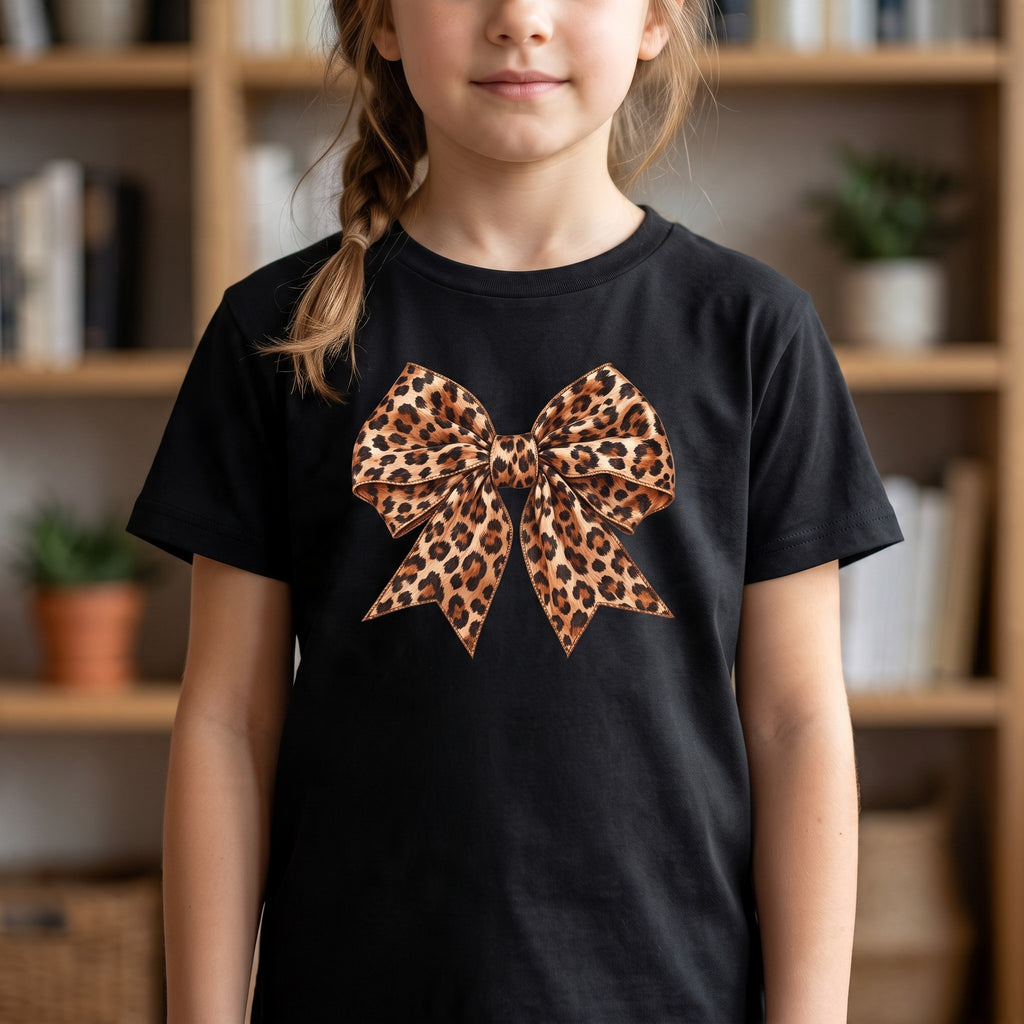 ChalkboardxChaos black kids t-shirt featuring a large caramel and black leopard print bow graphic