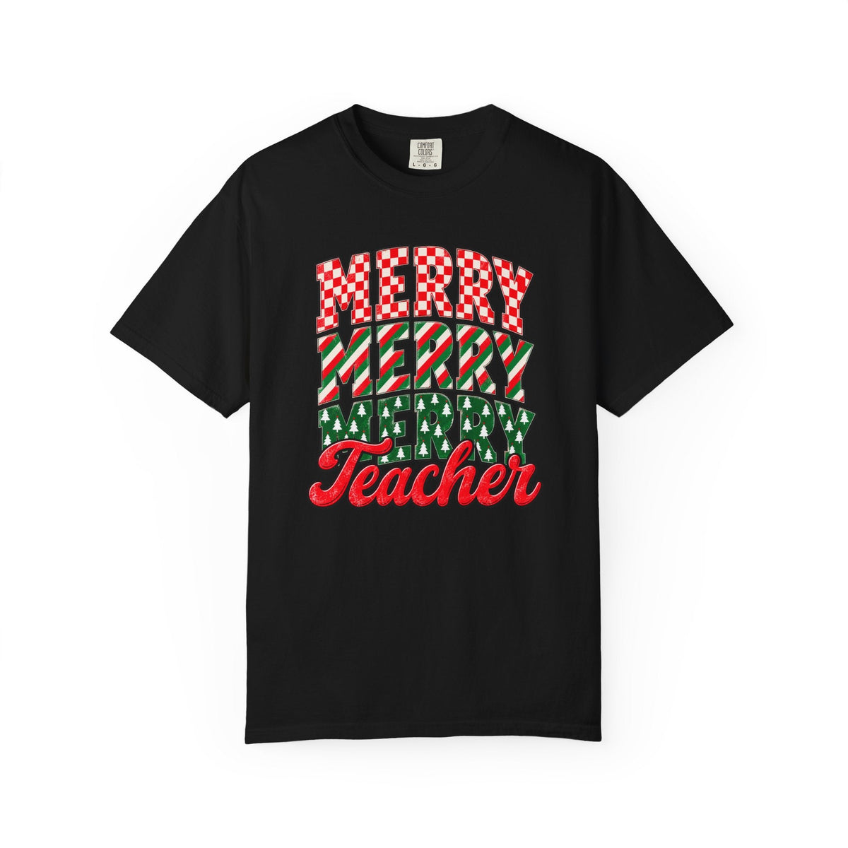 ChalkboardxChaos black Comfort Colors teacher Christmas t-shirt with retro Merry Merry Merry graphic print