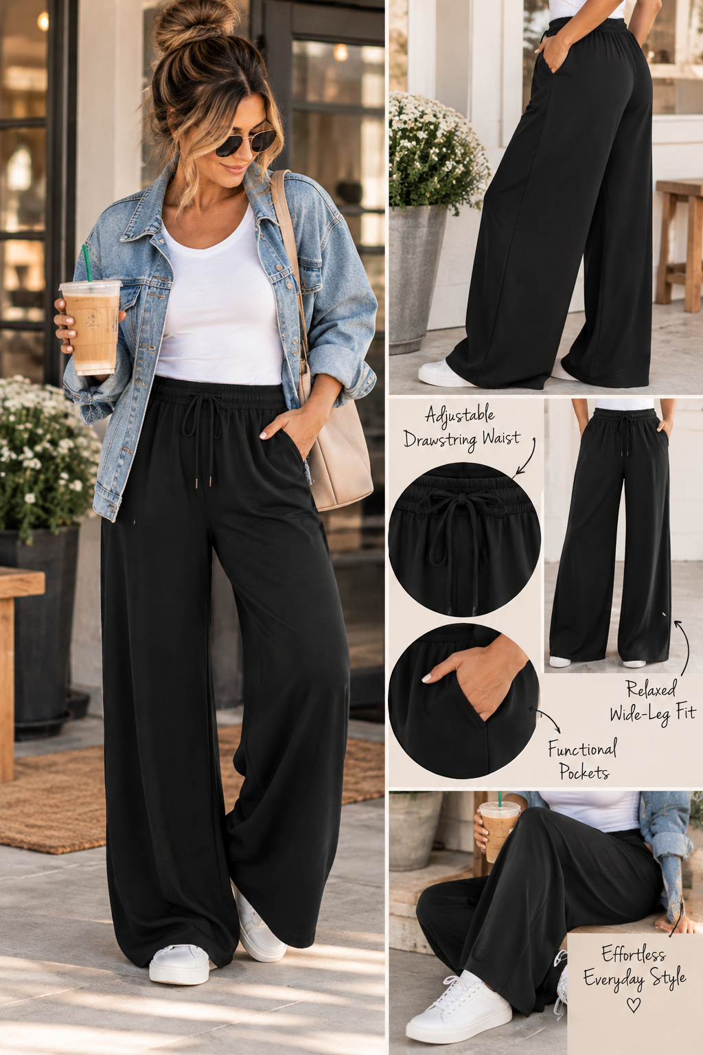 ChalkboardxChaos black wide-leg lounge pants with drawstring waist and pockets styled with a denim jacket and sneakers