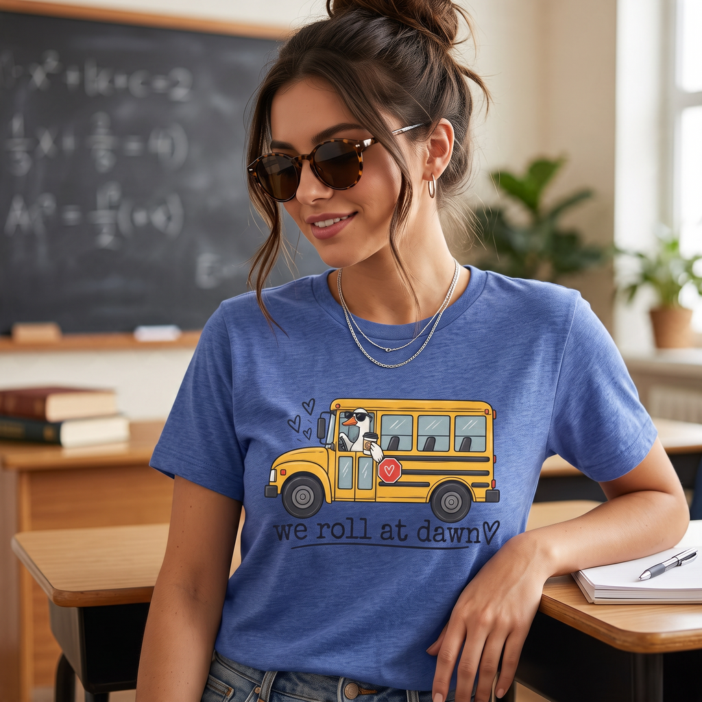 ChalkboardxChaos blue teacher t-shirt with a yellow school bus graphic and We Roll at Dawn text worn in a classroom