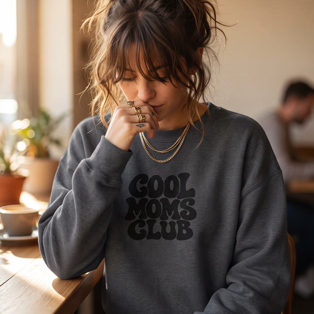ChalkboardxChaos grey crewneck sweatshirt featuring black retro bubble lettering that reads Cool Moms Club