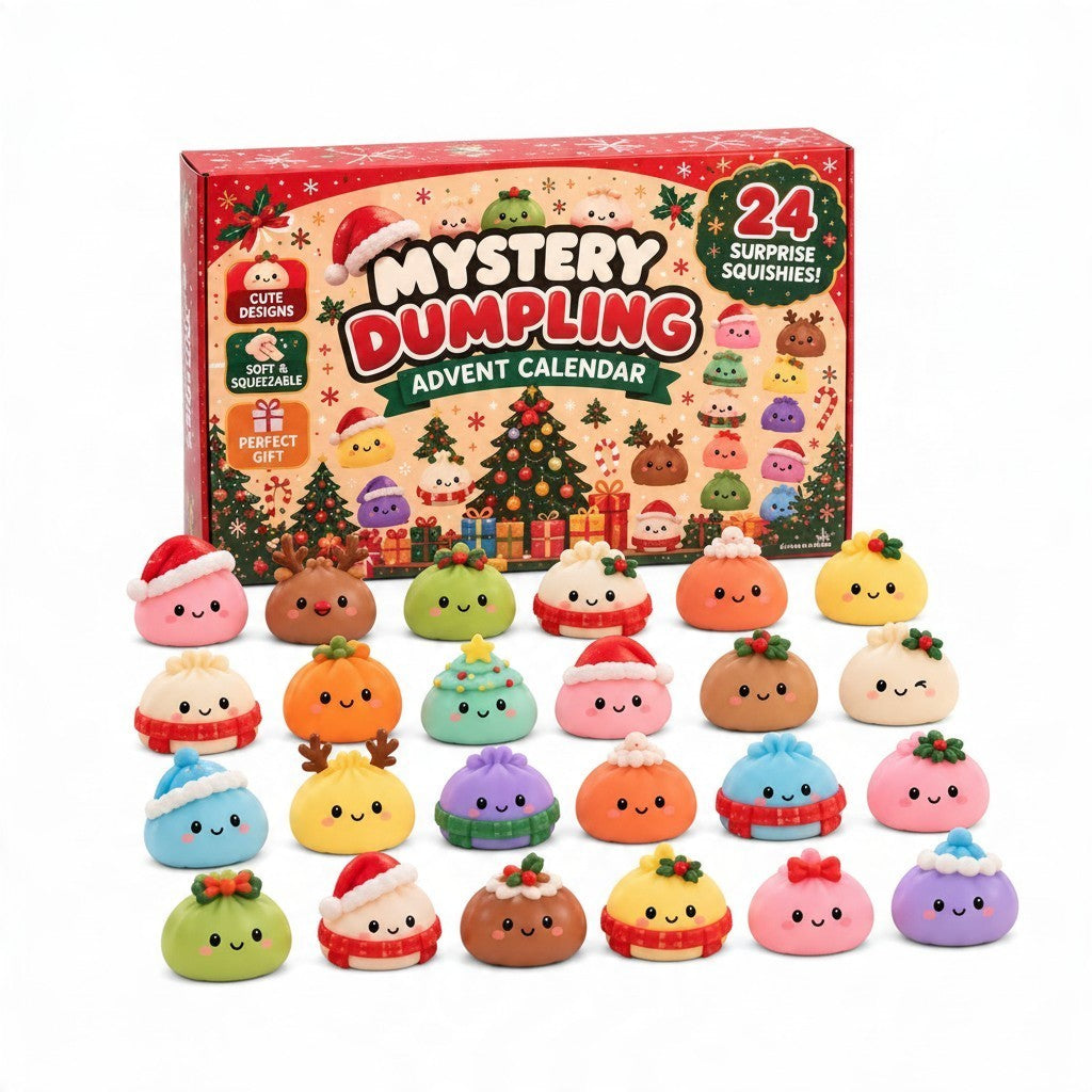 ChalkboardxChaos 24-day Christmas advent calendar with colorful, cute dumpling-inspired sensory squishy toys.