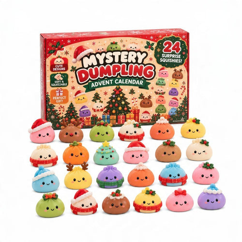 ChalkboardxChaos 24-day Christmas advent calendar with colorful, cute dumpling-inspired sensory squishy toys.