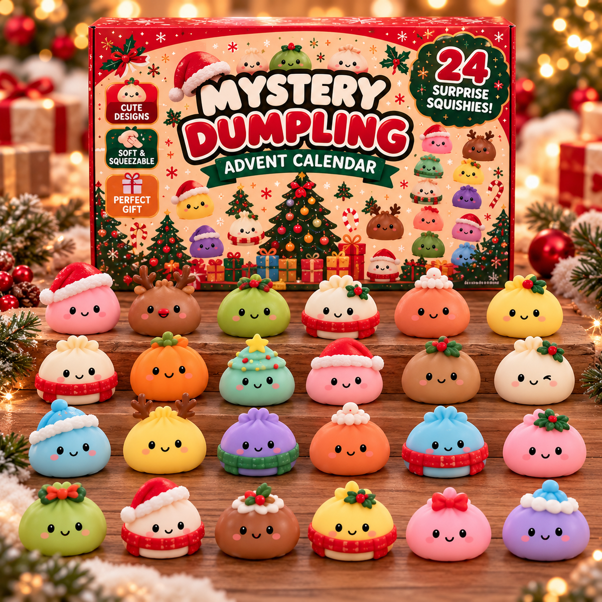 ChalkboardxChaos 24-day Christmas advent calendar featuring colorful, cute dumpling-style sensory squishy toys.