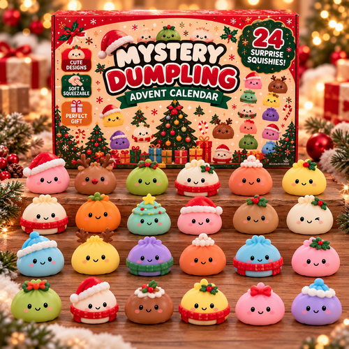 ChalkboardxChaos 24-day Christmas advent calendar featuring colorful, cute dumpling-style sensory squishy toys.