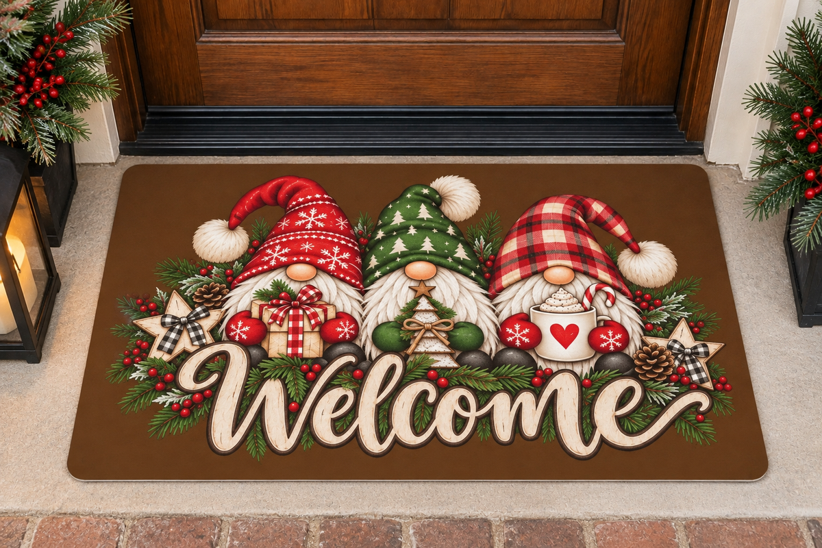 ChalkboardxChaos Christmas gnome welcome doormat with festive red, green, and plaid hats on a brown polyester mat.