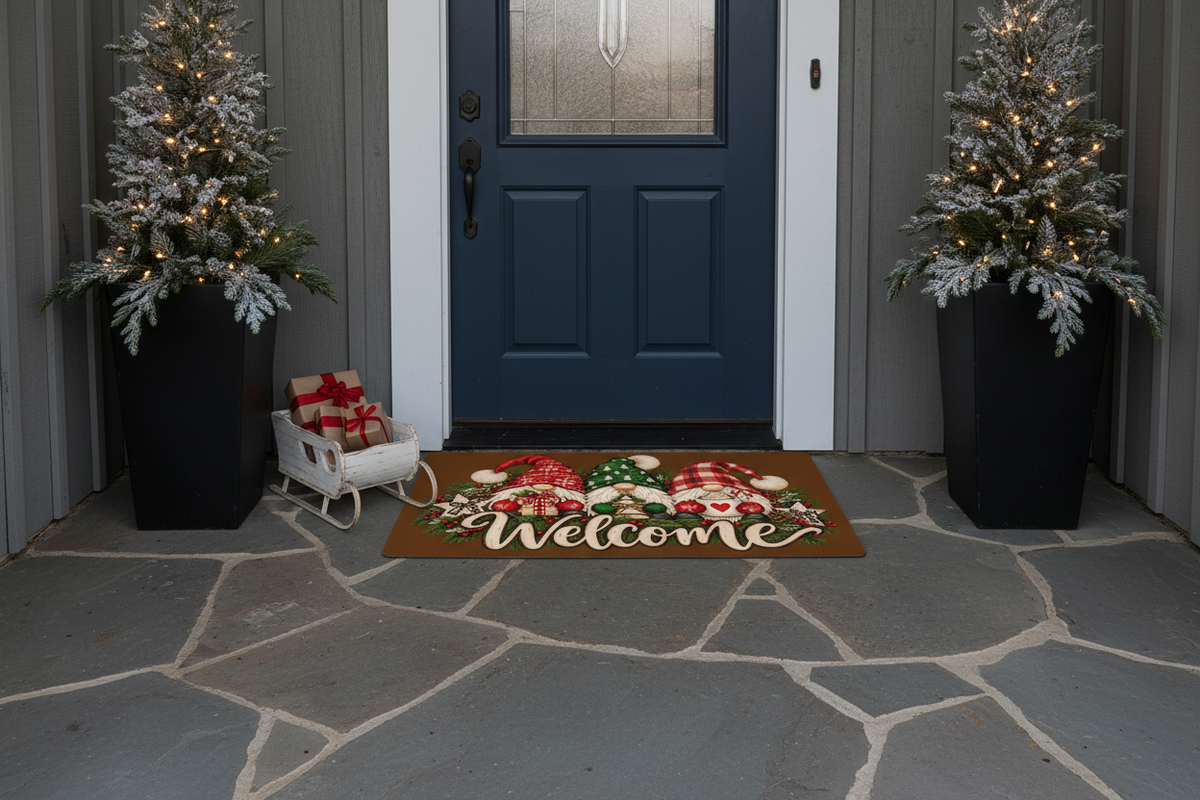 ChalkboardxChaos Christmas gnome welcome doormat with festive red and green hats on a stone porch entryway