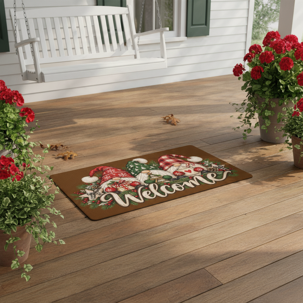 ChalkboardxChaos polyester Christmas doormat with three festive gnomes and Welcome lettering on a wooden porch