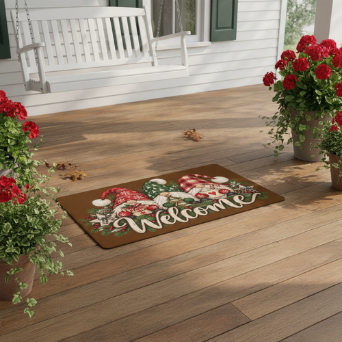 ChalkboardxChaos polyester Christmas doormat with three festive gnomes and Welcome lettering on a wooden porch