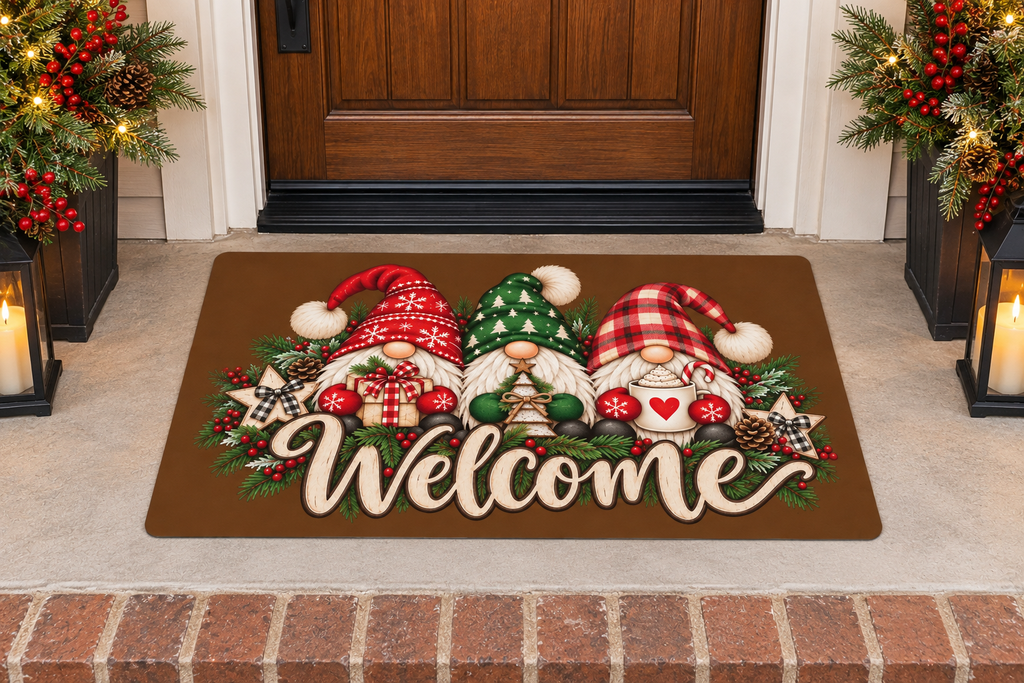 ChalkboardxChaos polyester Christmas doormat featuring three festive gnomes, greenery, and Welcome text on brown mat.