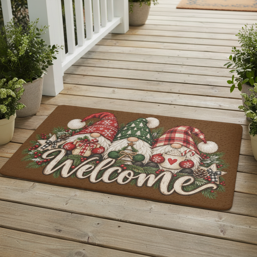 ChalkboardxChaos polyester Christmas doormat with three festive gnomes, greenery, and Welcome lettering on a porch.