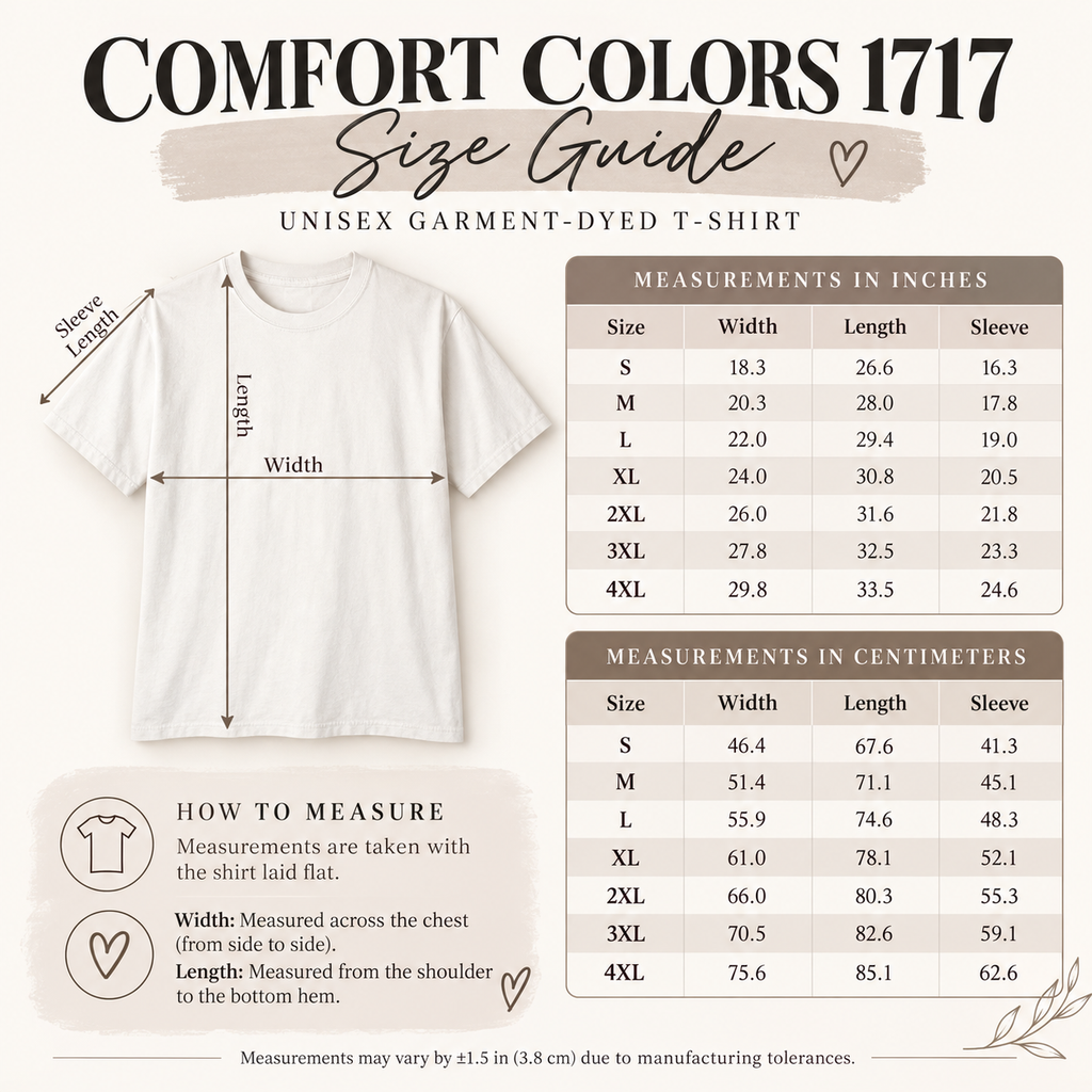 ChalkboardxChaos Comfort Colors 1717 unisex t-shirt size guide chart with measurements in inches and centimeters.
