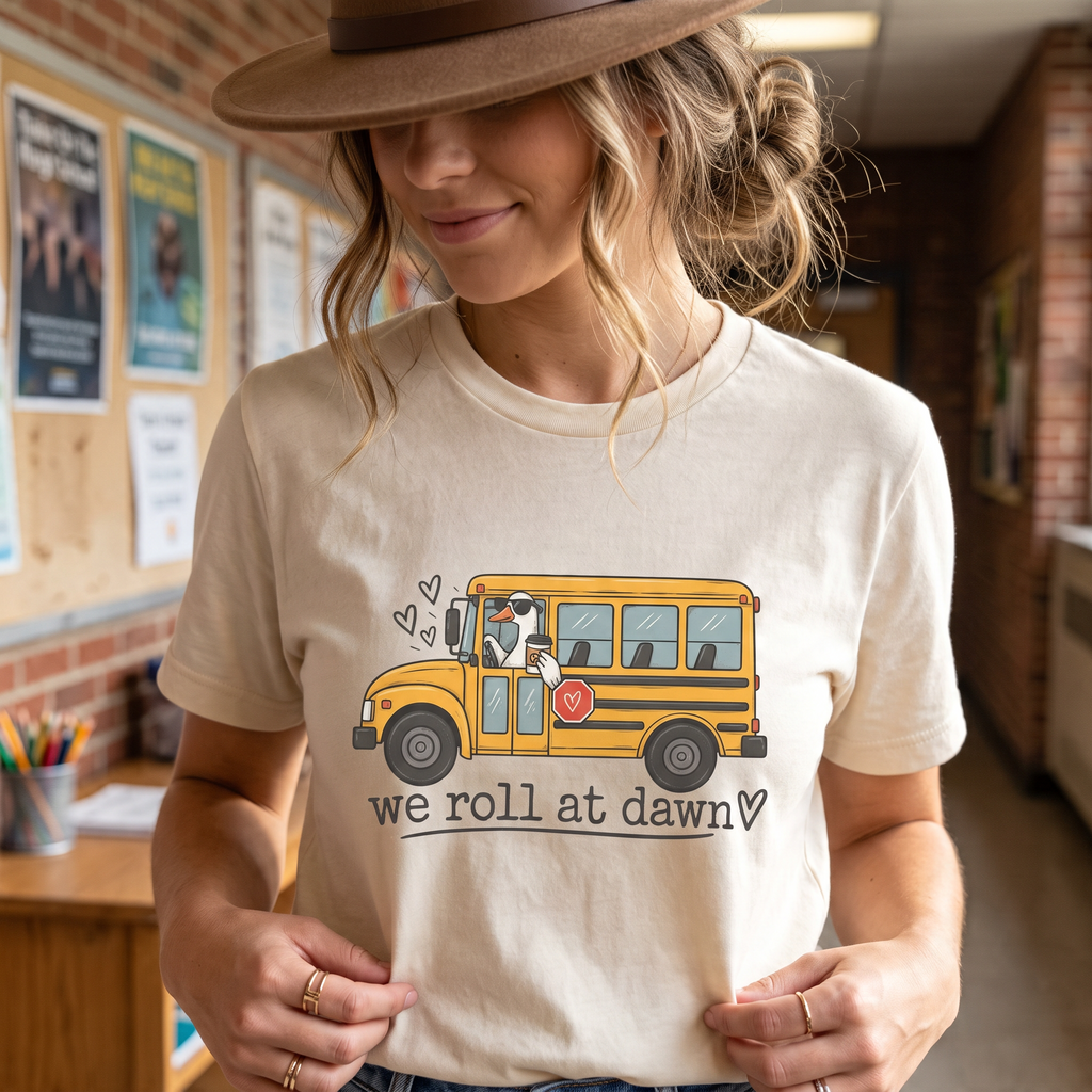 ChalkboardxChaos teacher t-shirt in cream featuring a yellow school bus graphic with a coffee-drinking driver