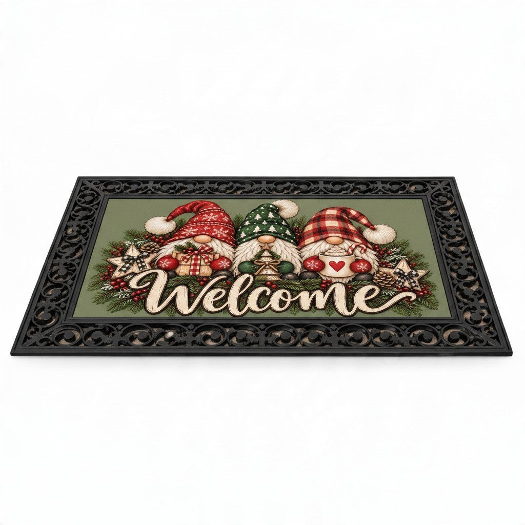 ChalkboardxChaos holiday welcome door mat with three whimsical gnomes, plaid hats, and festive decor on sage green.