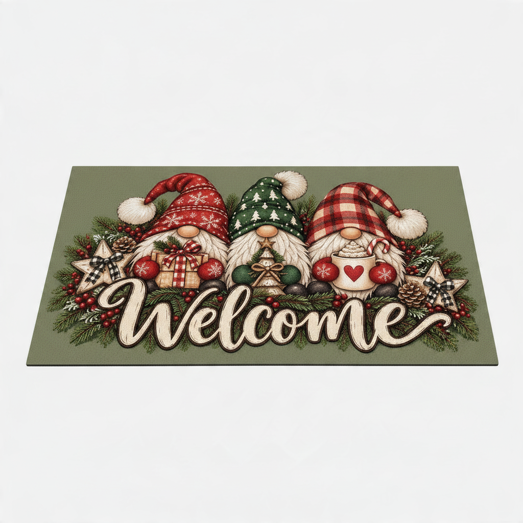 ChalkboardxChaos holiday welcome door mat featuring three whimsical gnomes, pine branches, and berries on sage green.