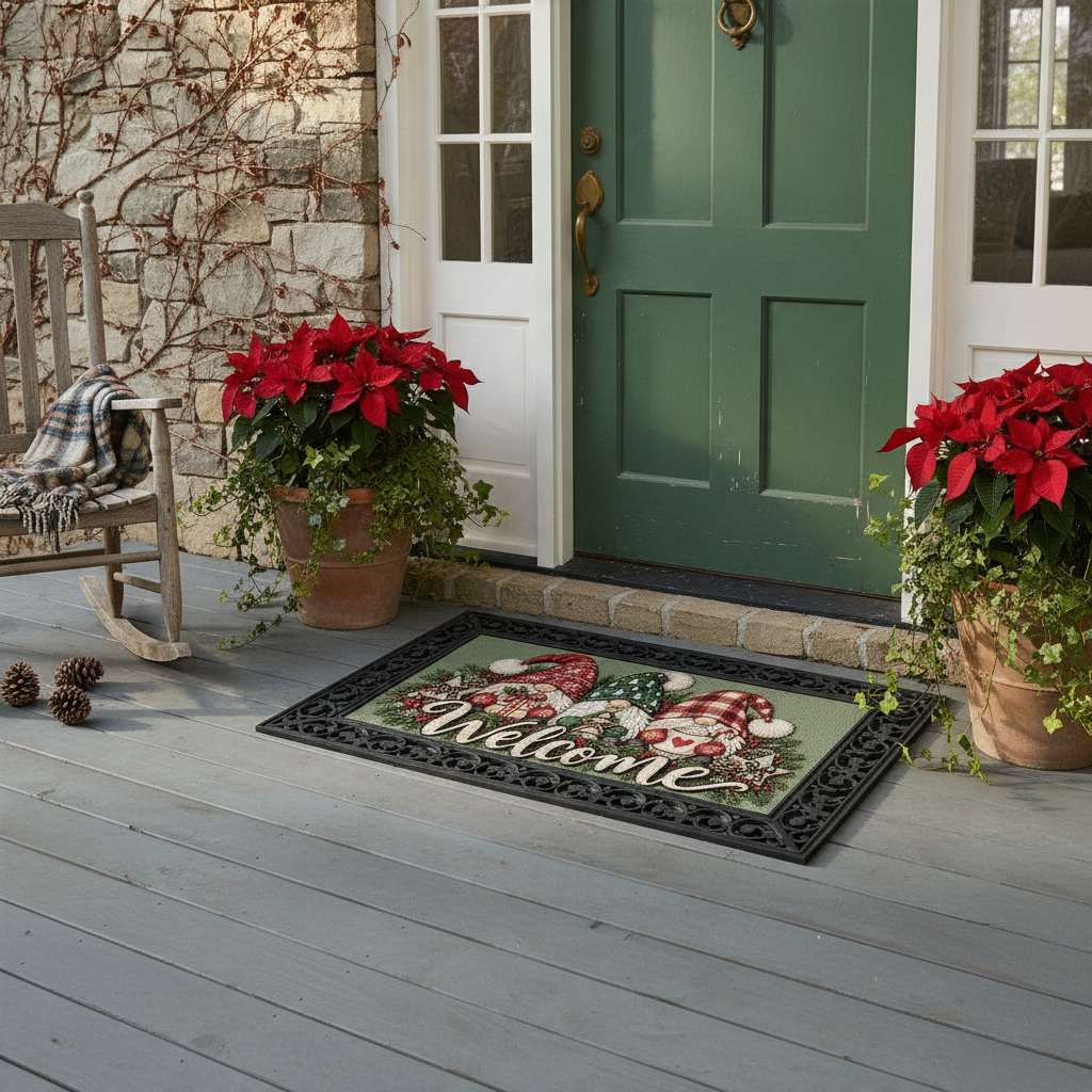 ChalkboardxChaos holiday welcome mat with whimsical gnomes and plaid accents on a sage green background at a front door