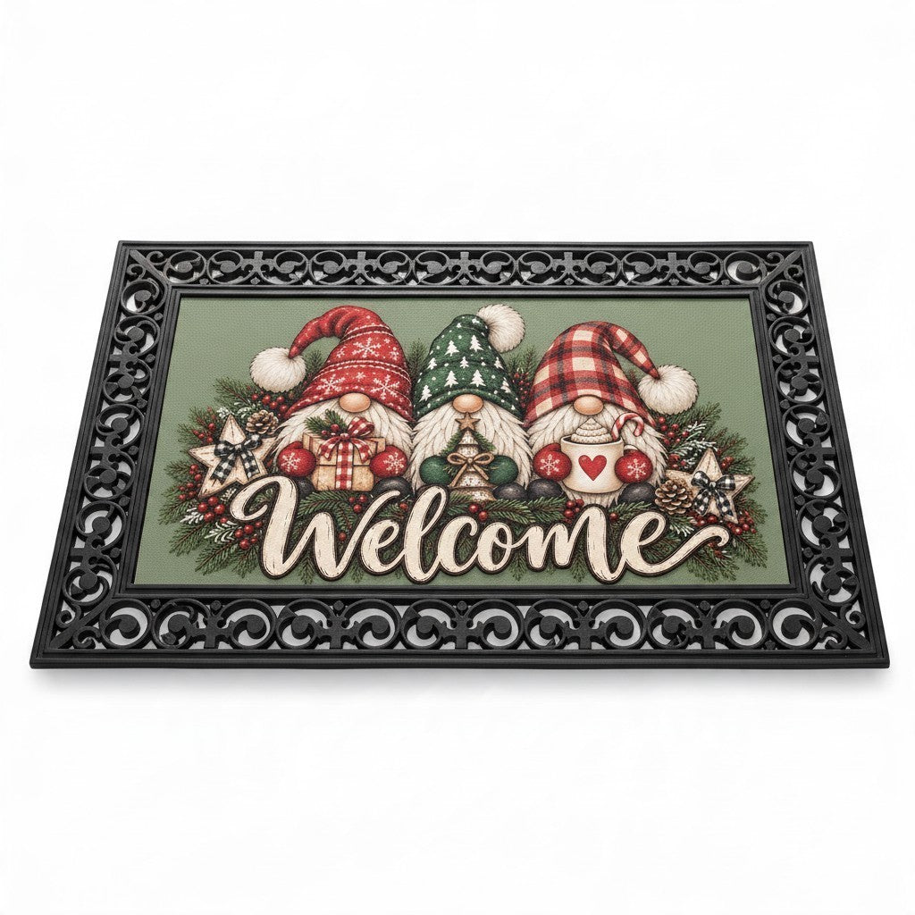 ChalkboardxChaos holiday welcome door mat featuring three whimsical gnomes on a sage green background with black frame