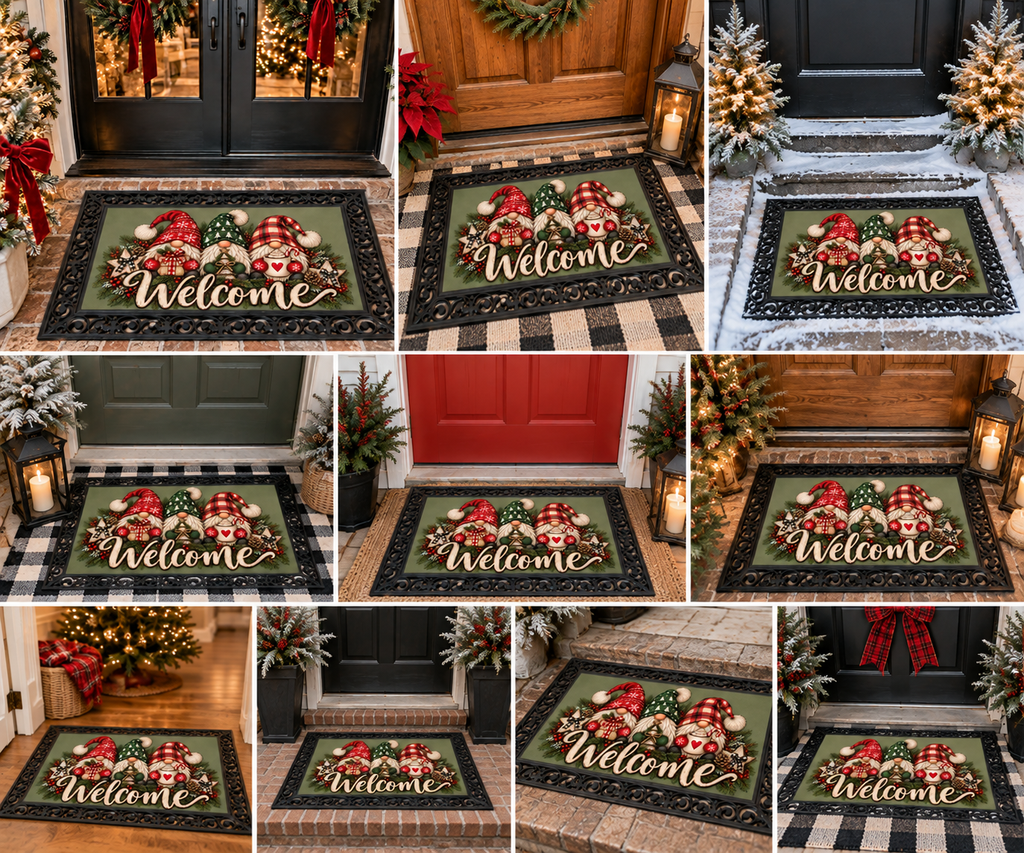ChalkboardxChaos holiday welcome door mat with three whimsical gnomes on a sage green background and black frame.
