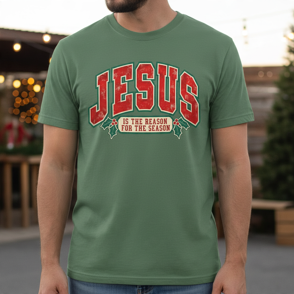 ChalkboardxChaos green Comfort Colors graphic tee with vintage Jesus Is the Reason for the Season Christmas print
