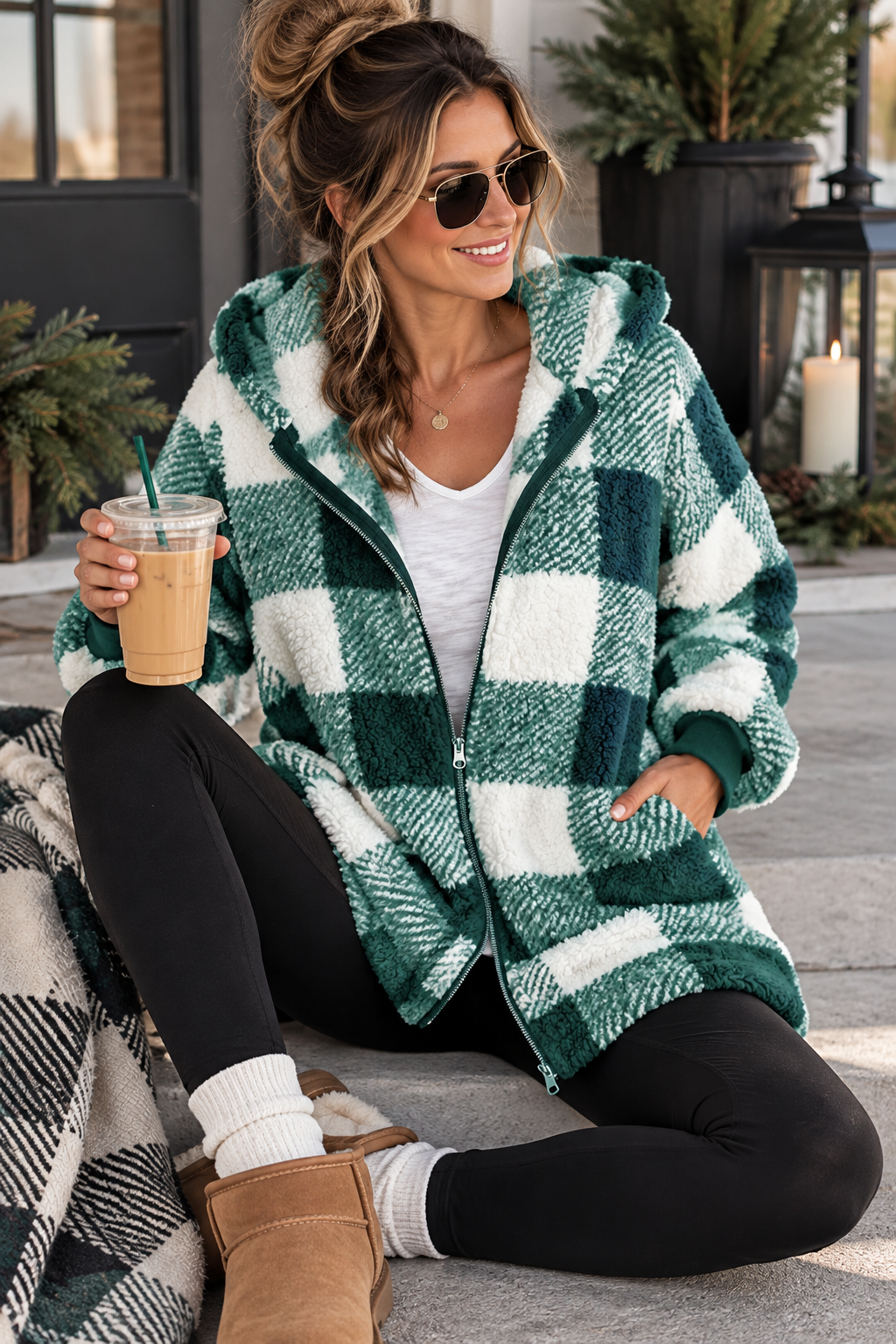 ChalkboardxChaos green and cream buffalo plaid sherpa hooded zip-up jacket worn by a woman with leggings and boots.