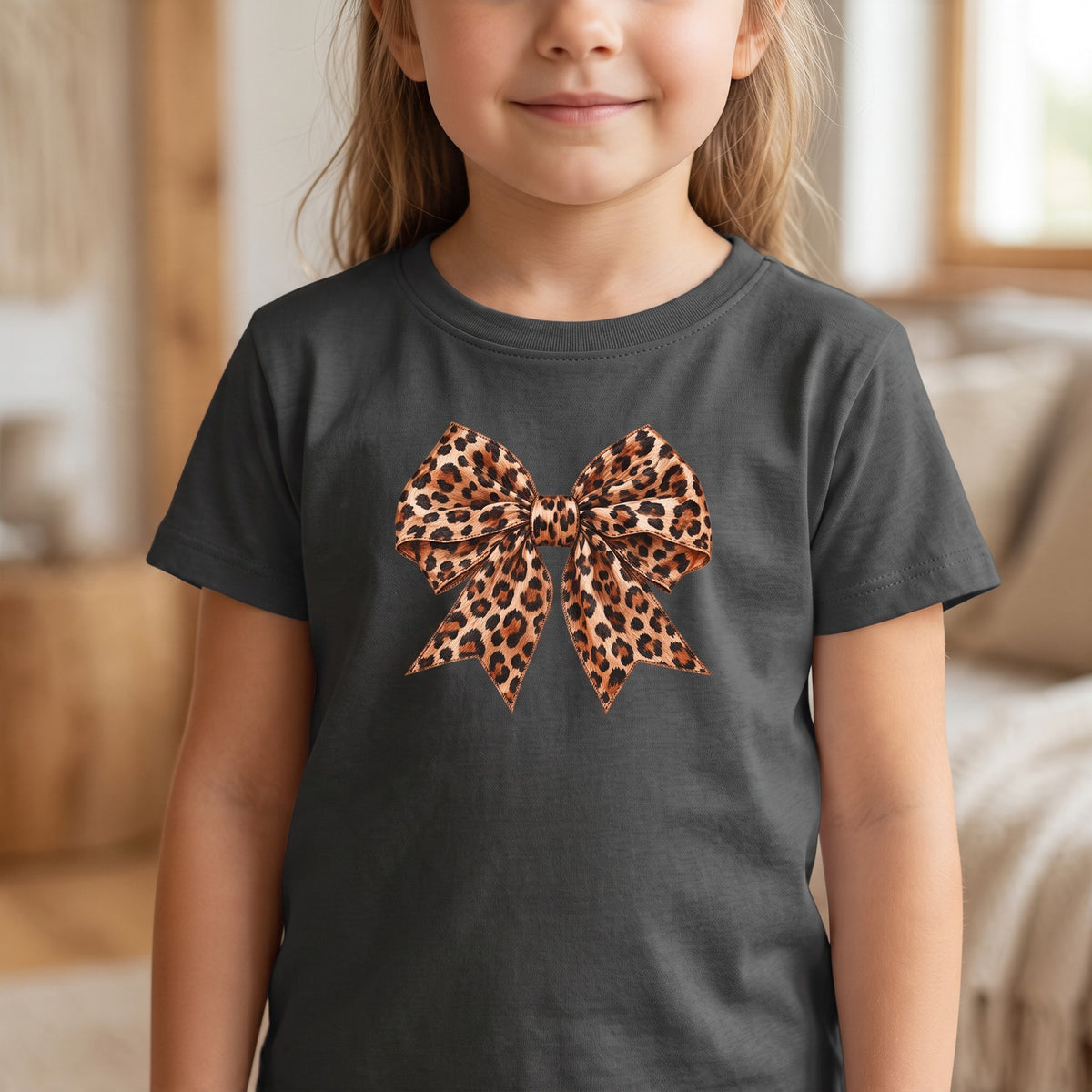 ChalkboardxChaos kids charcoal grey t-shirt featuring a trendy leopard print bow graphic for little girls