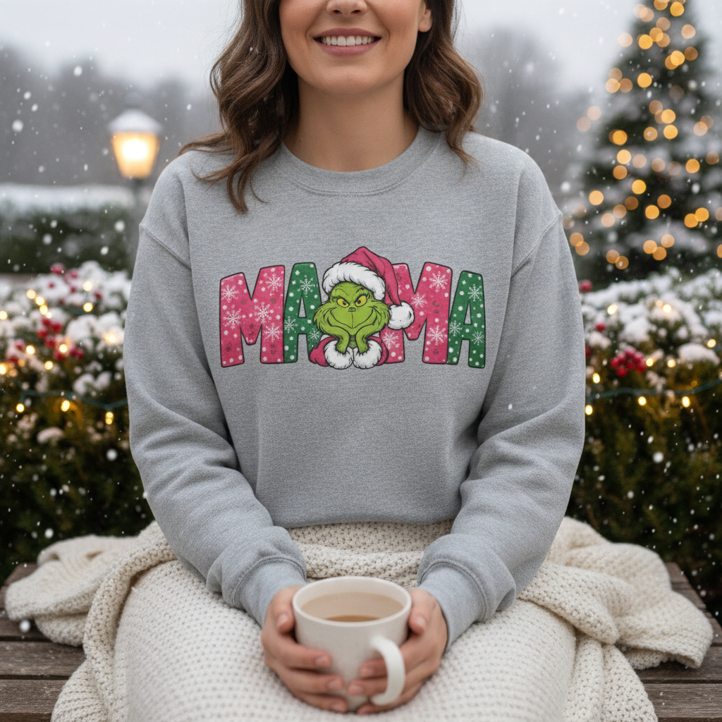 ChalkboardxChaos grey crewneck sweatshirt featuring a Grinch MAMA graphic with pink and green snowflake lettering.