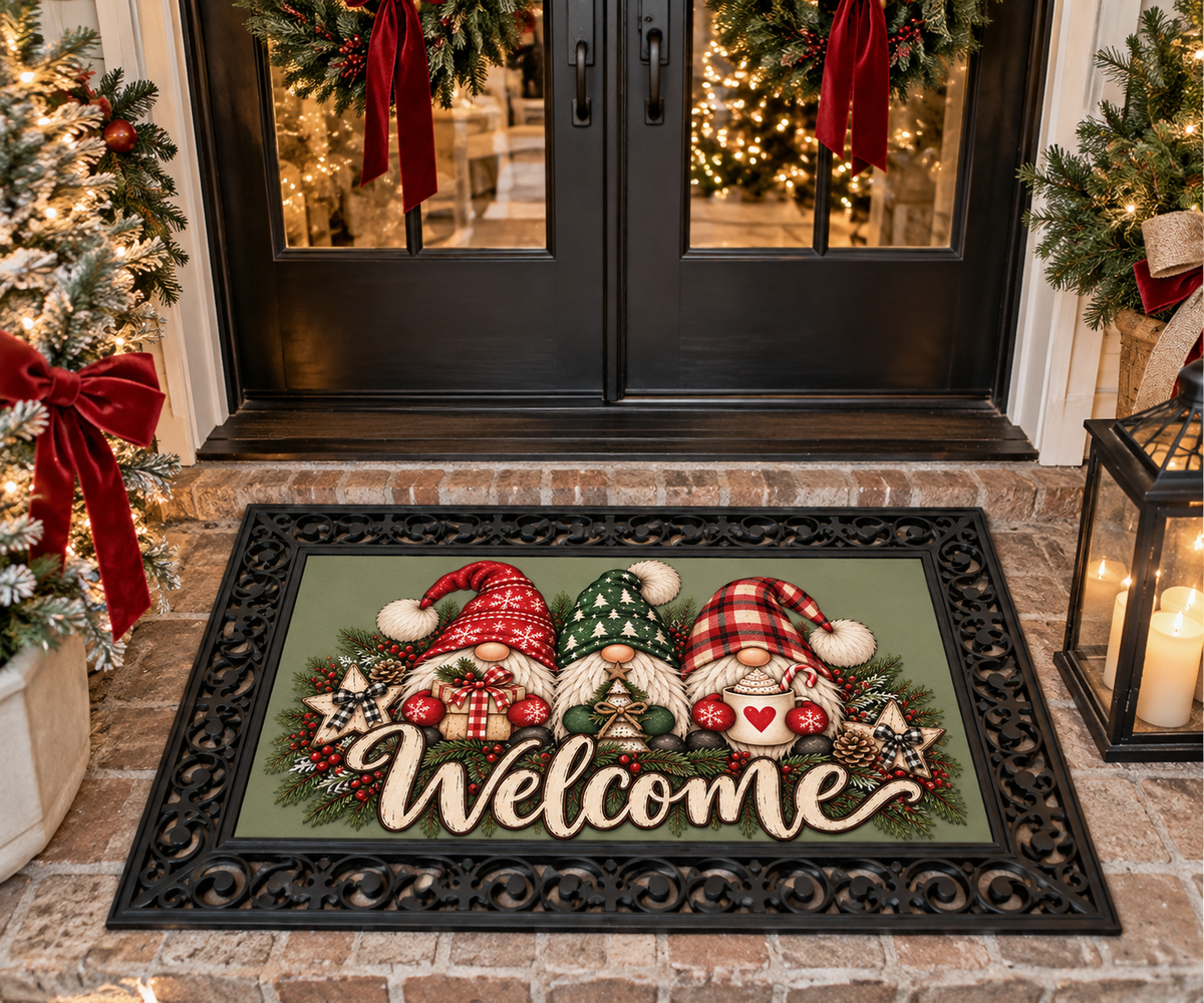 ChalkboardxChaos holiday welcome mat featuring three whimsical gnomes on a sage green background with a black frame.