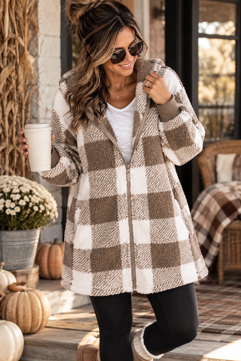 ChalkboardxChaos khaki and cream buffalo plaid sherpa hooded zip-up jacket worn by a woman holding a coffee cup
