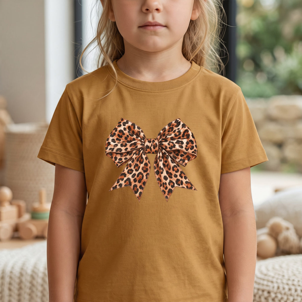 ChalkboardxChaos kids t-shirt in mustard yellow featuring a large leopard print bow graphic on the front