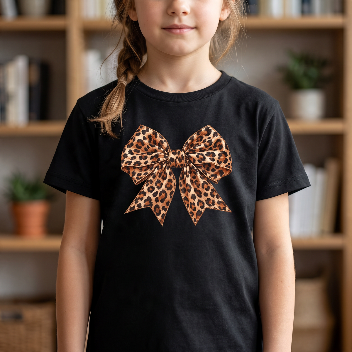 ChalkboardxChaos black t-shirt for girls featuring a large caramel and black leopard print bow graphic