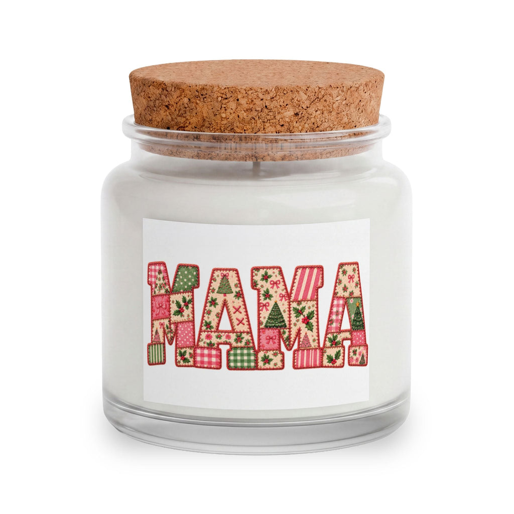 ChalkboardxChaos Mama candle in a glass jar with a cork lid, featuring a festive patchwork Christmas Mama label.