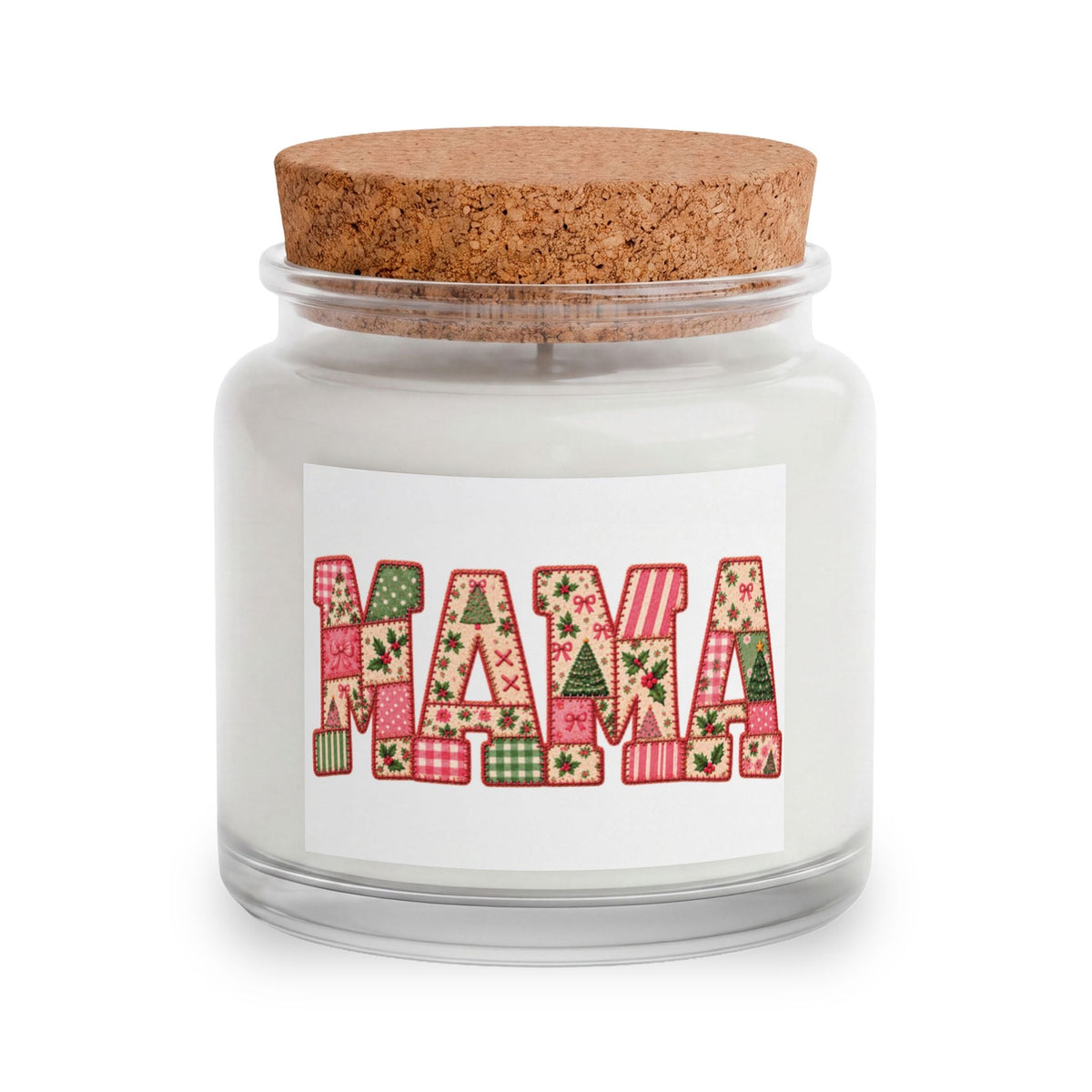 ChalkboardxChaos Mama candle in a glass jar with a cork lid, featuring a festive patchwork Christmas Mama label.