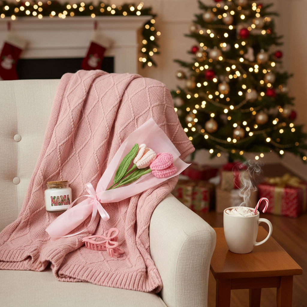 ChalkboardxChaos Christmas mama gift set with pink cozy blanket, Mama candle, and handmade crochet tulip bouquet