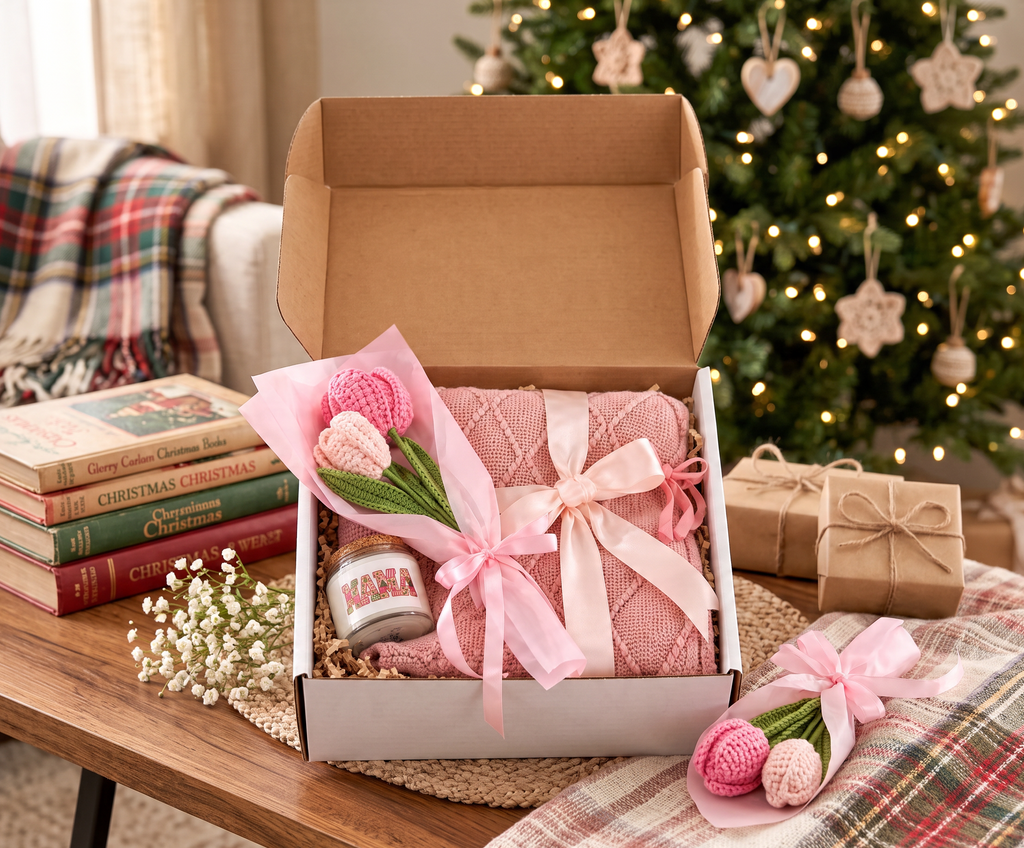 ChalkboardxChaos Christmas gift set featuring a pink knit blanket, Mama candle, and handmade crochet flowers in a box