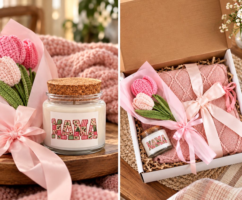ChalkboardxChaos Christmas Mama gift set featuring a Mama candle, pink knit blanket, and handmade crochet tulips.