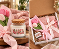 ChalkboardxChaos Christmas Mama gift set featuring a Mama candle, pink knit blanket, and handmade crochet tulips.