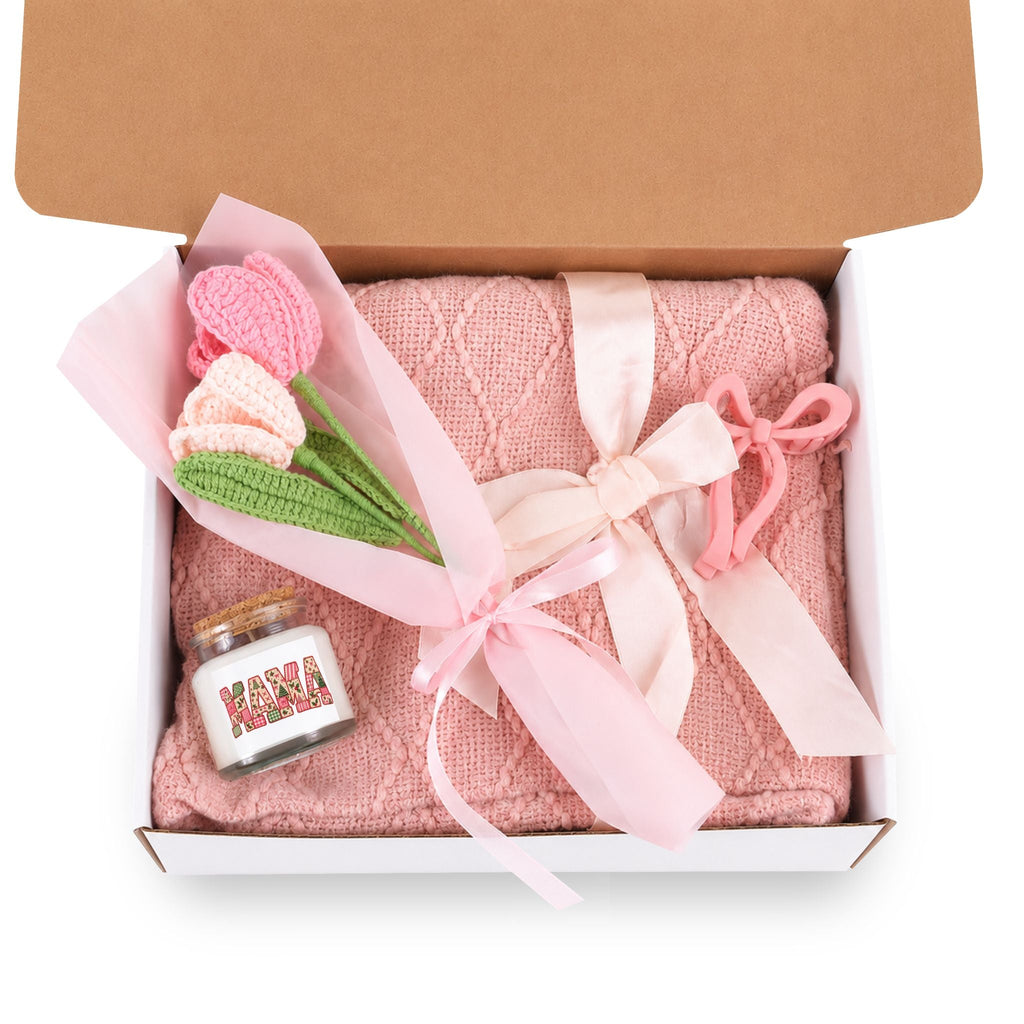ChalkboardxChaos Mama gift set featuring a pink knit blanket, Mama candle, and handmade crochet tulips in a gift box.
