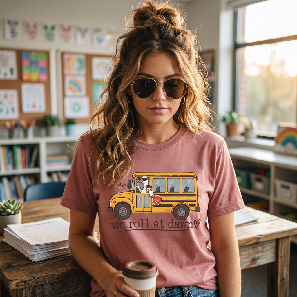 ChalkboardxChaos mauve teacher t-shirt featuring a yellow school bus graphic and We Roll at Dawn text in a classroom.
