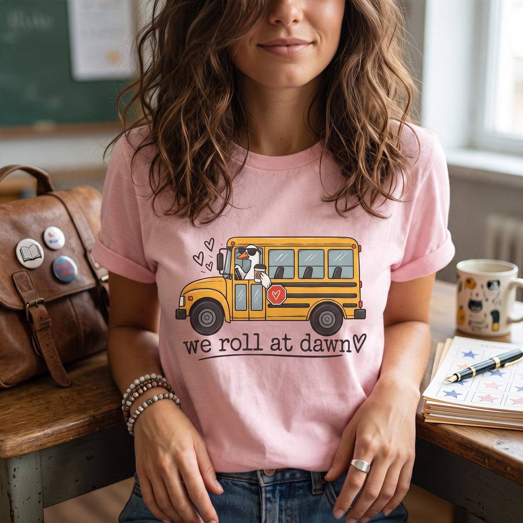 ChalkboardxChaos mauve teacher t-shirt featuring a yellow school bus graphic and We Roll at Dawn text in a classroom.