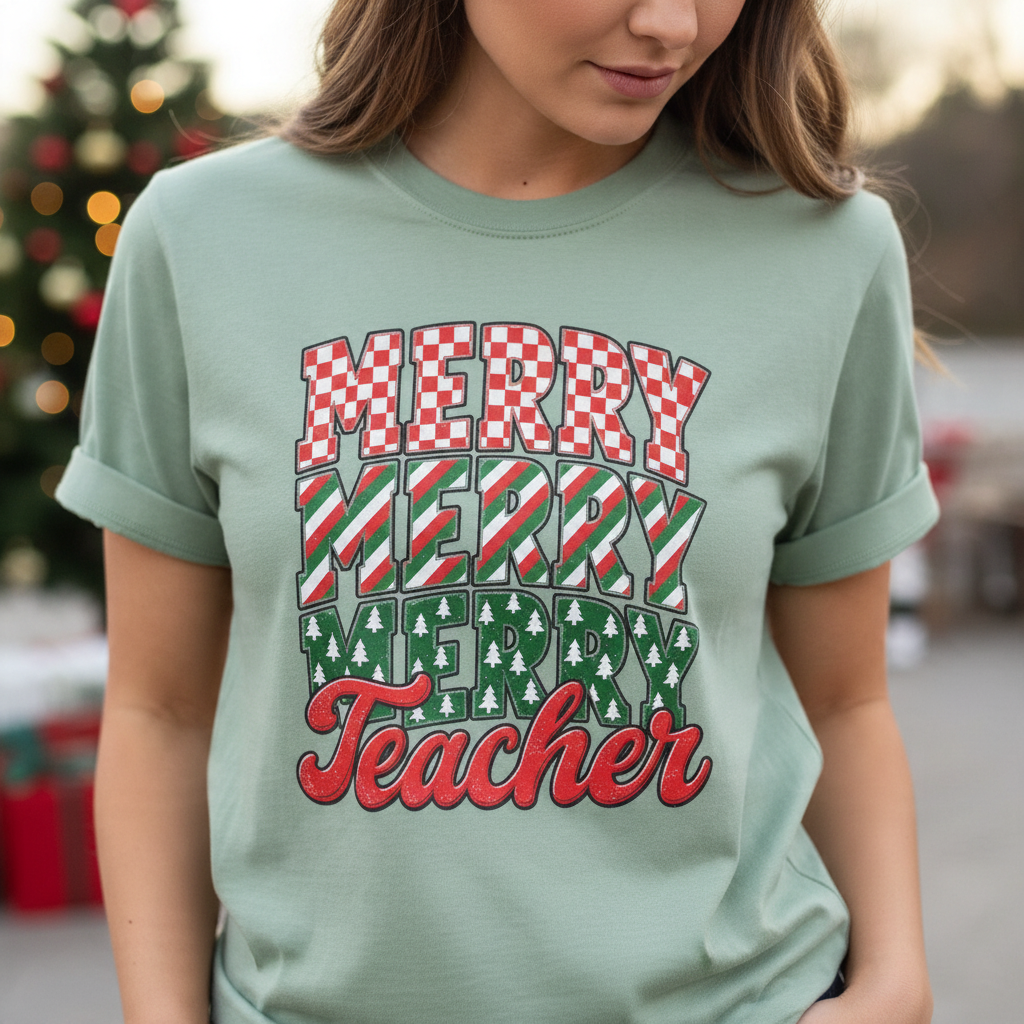 ChalkboardxChaos sage green Comfort Colors tee with retro Merry Merry Merry Teacher Christmas graphic print