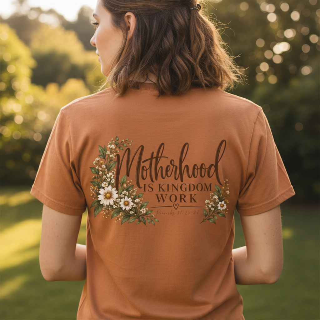 ChalkboardxChaos dusty rose Christian graphic tee featuring botanical florals and Motherhood Is Kingdom Work text.
