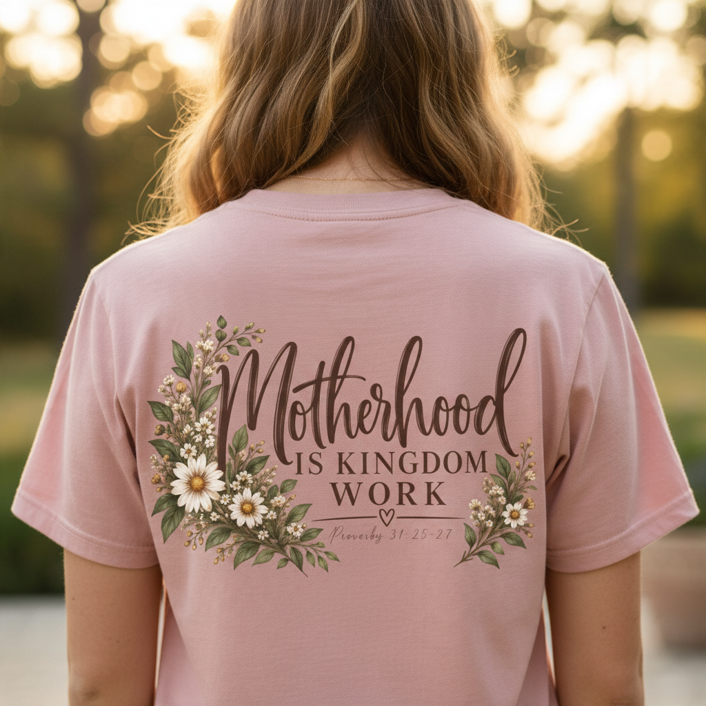 ChalkboardxChaos dusty rose graphic tee featuring botanical floral art and Motherhood Is Kingdom Work text on the back.