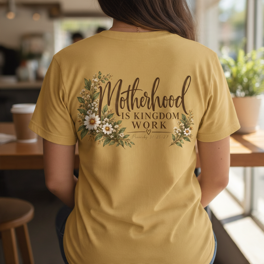 ChalkboardxChaos mustard yellow graphic tee featuring Motherhood Is Kingdom Work text and botanical floral design