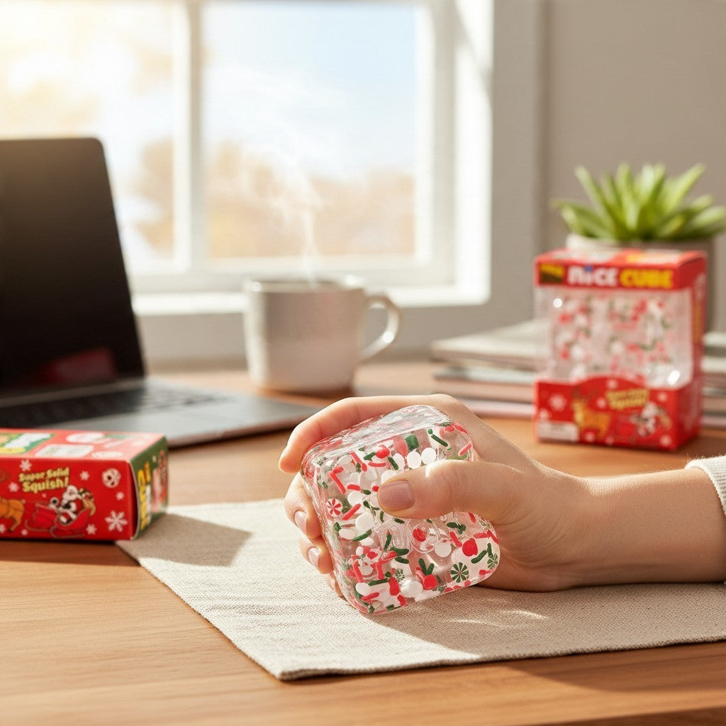 ChalkboardxChaos NeeDoh Christmas Nice Cube sensory fidget toy being squeezed in a hand on a desk
