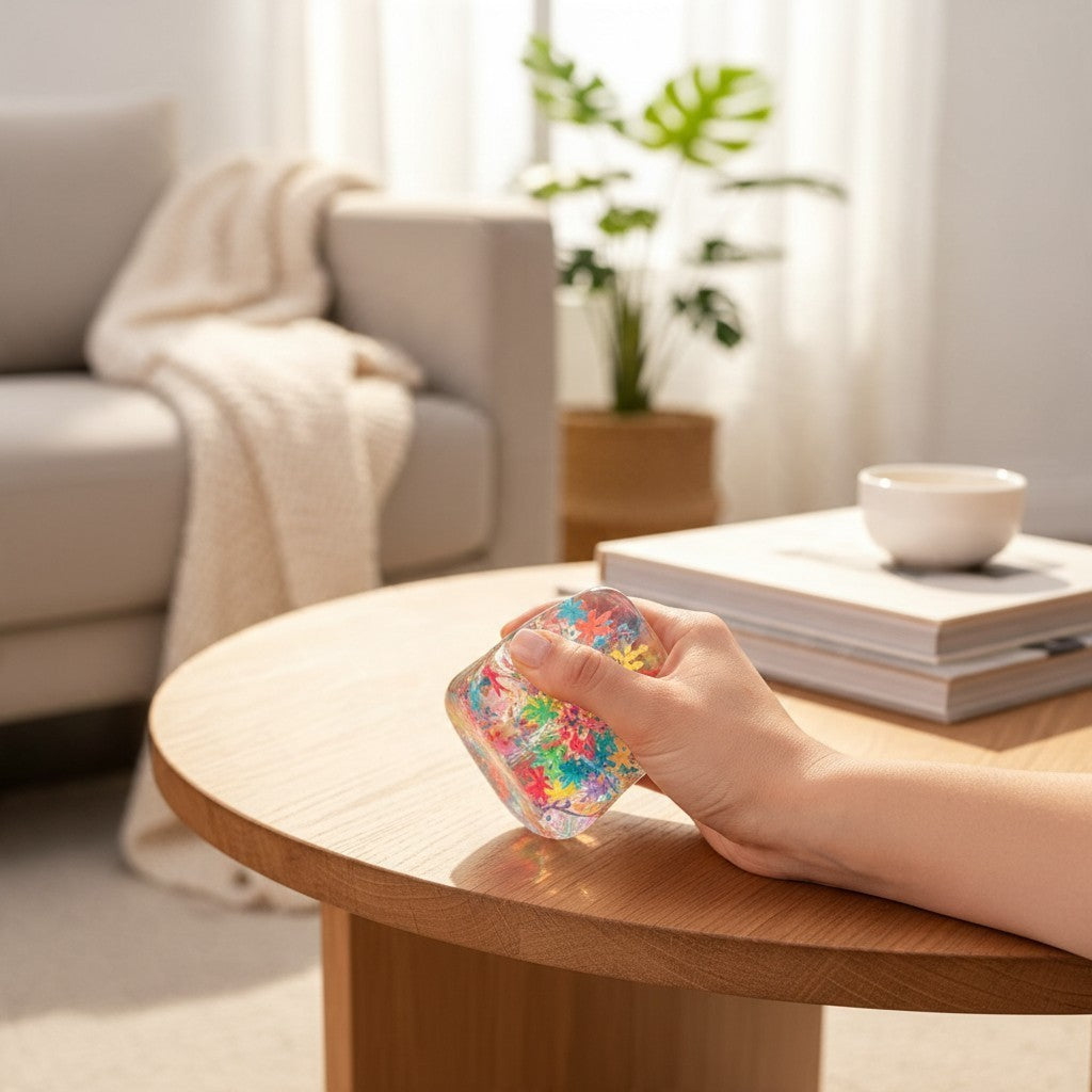 ChalkboardxChaos NeeDoh clear squishy cube filled with colorful confetti flakes held in a hand on a wooden table.