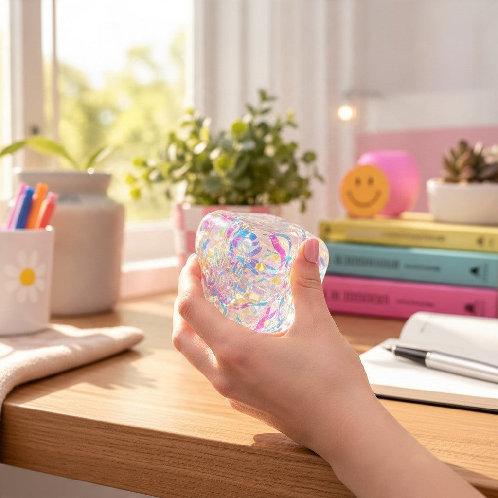 ChalkboardxChaos NeeDoh holographic ribbon sensory cube being squeezed by a hand on a sunny desk